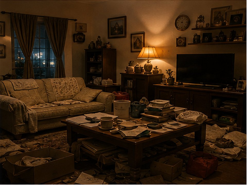 Cluttered living room before Vastu clarity
