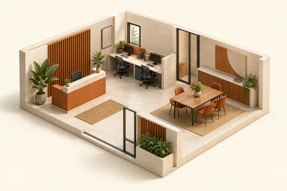 Illustrative office layout with reception, desks and meeting area