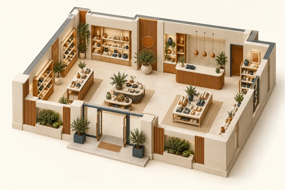 Conceptual retail shop with displays and reception counter