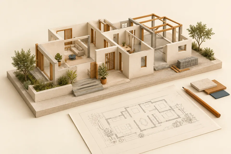 Illustrative architectural model and floor plan for a home under planning