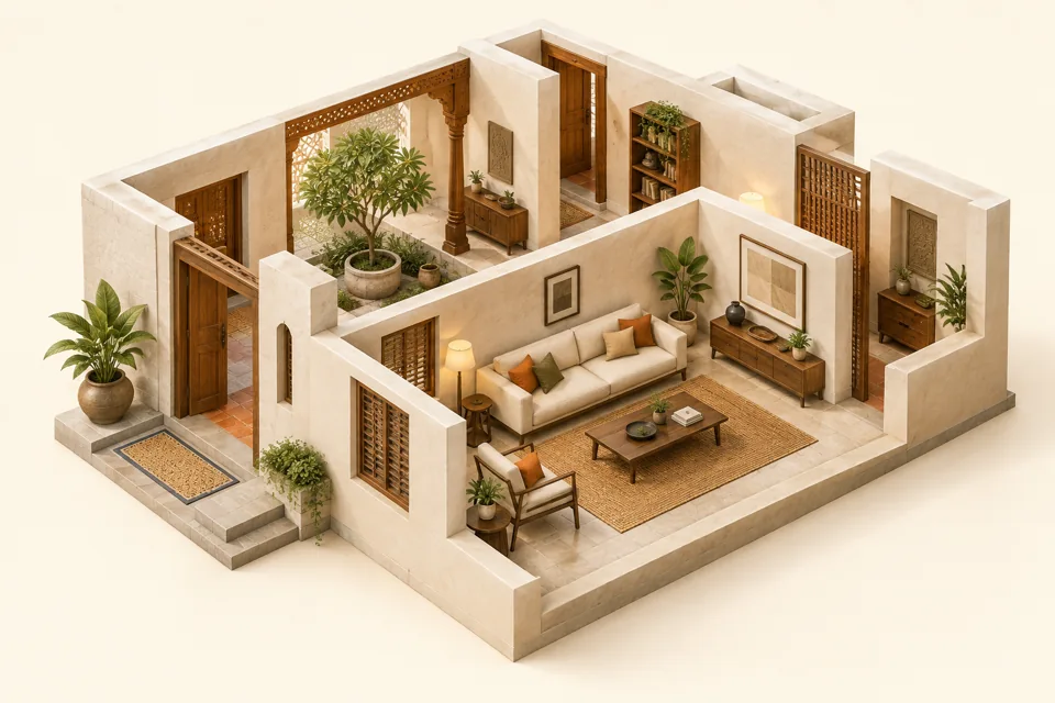 Illustrative cutaway of a home with a living room and courtyard