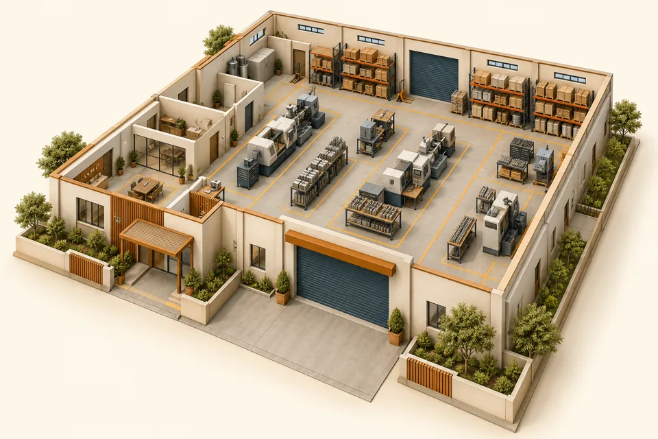 Conceptual factory layout with machinery and storage