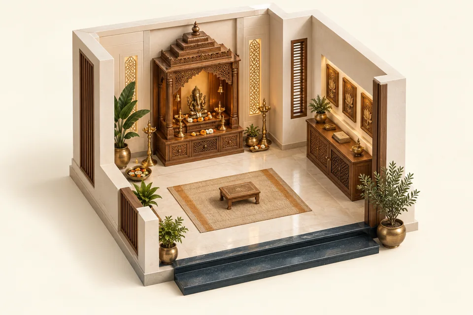 Illustrative home pooja room with a wooden shrine