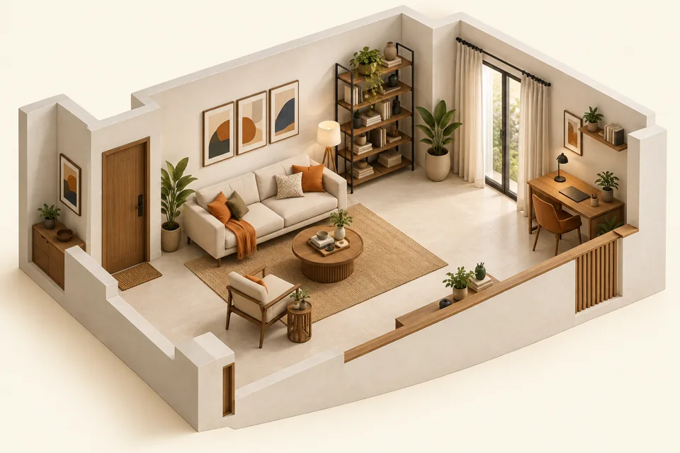 Illustrative living room with movable furniture and a workspace
